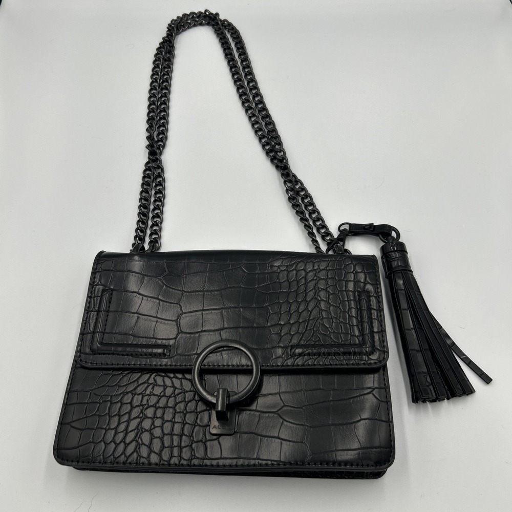ALDO Croc Embossed Tassel Crossbody Bag PU Leather‎ Black Chain Y2K Party